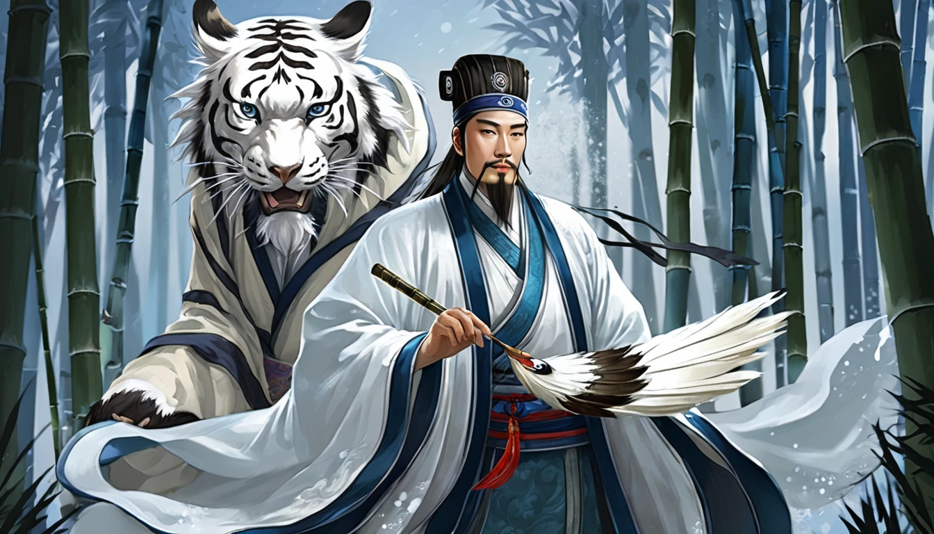 Snow falling effect、Digital illustration, Ancient Chinese scholars, Traditional Costume, Embroidered Robe,  Zhuge Liang with the White Tiger,  , White and blue palette, gesture, Serious expression, Attention to detail, Historical figures, Standing pose, Feather fan,  bamboo forest 、