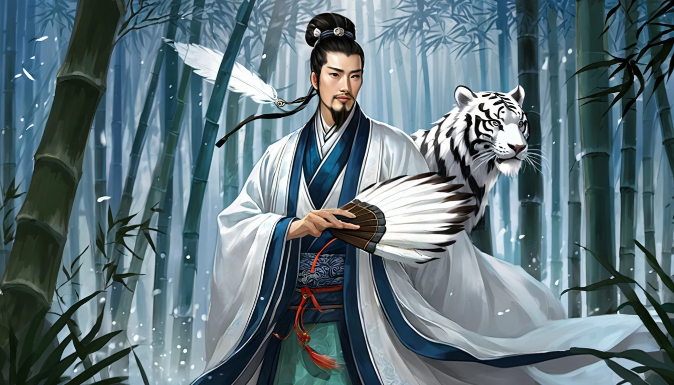 Snow falling effect、Digital illustration, Ancient Chinese scholars, Traditional Costume, Embroidered Robe,  Zhuge Liang with the White Tiger,  , White and blue palette, gesture, Serious expression, Attention to detail, Historical figures, Standing pose, Feather fan,  bamboo forest 、