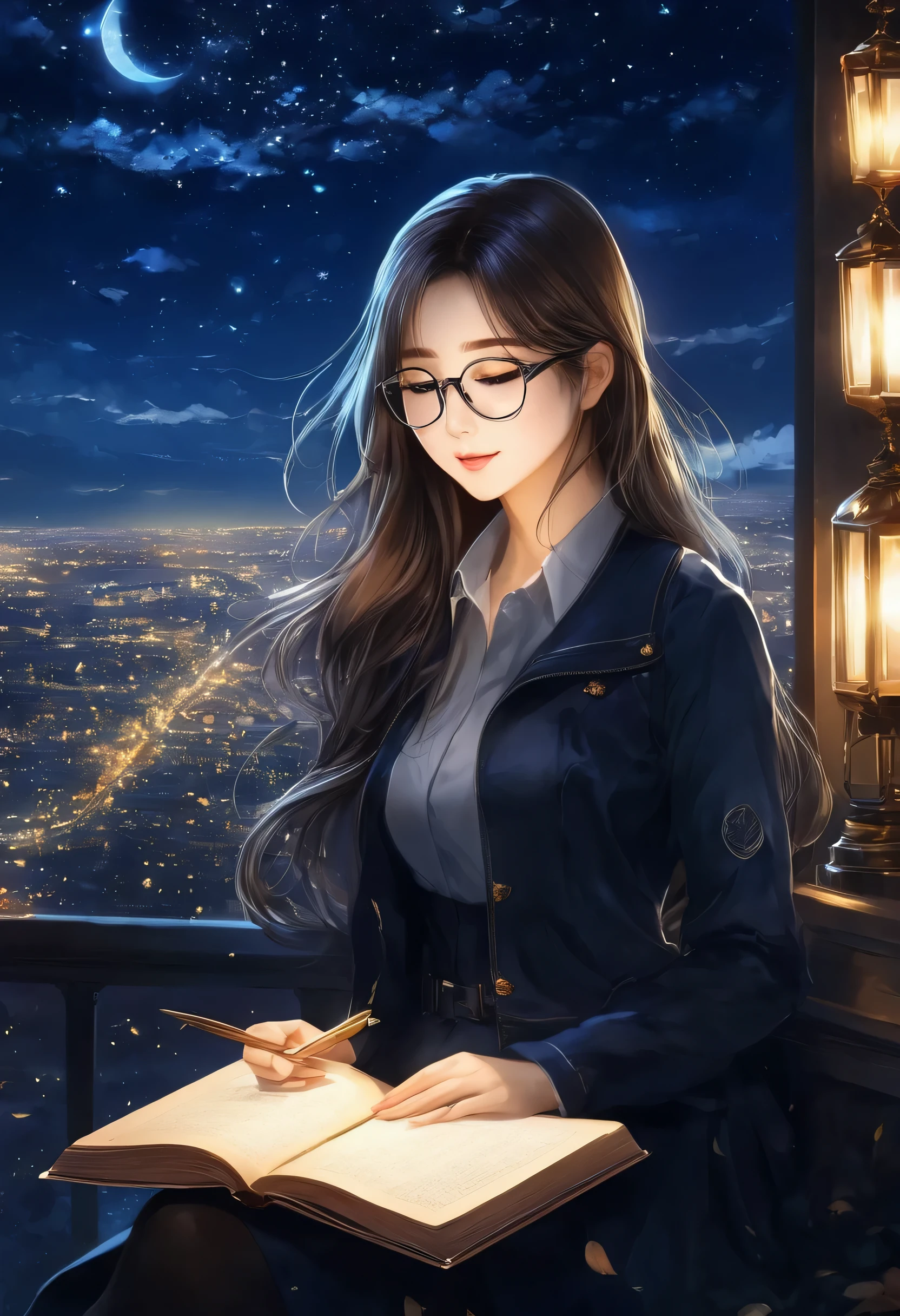 A woman reading in a study、Long hair and glasses、Dim lights、Quiet autumn night、Navy Blue Light, bright, Magical Night Sky, shape, soft, beautiful, Dreamy, Realistic, professional、 Sparkling Night Sky, Very detailedな, Very detailed, shape, Semi-finished sketch, Half Color Sketch, anime, masterpiece, bright colors, High contrast, bright lighting, dark  background,A composition with great depth、