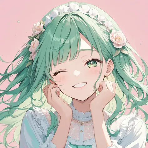 one woman,pastel colors,green hair,wink,a touching scene