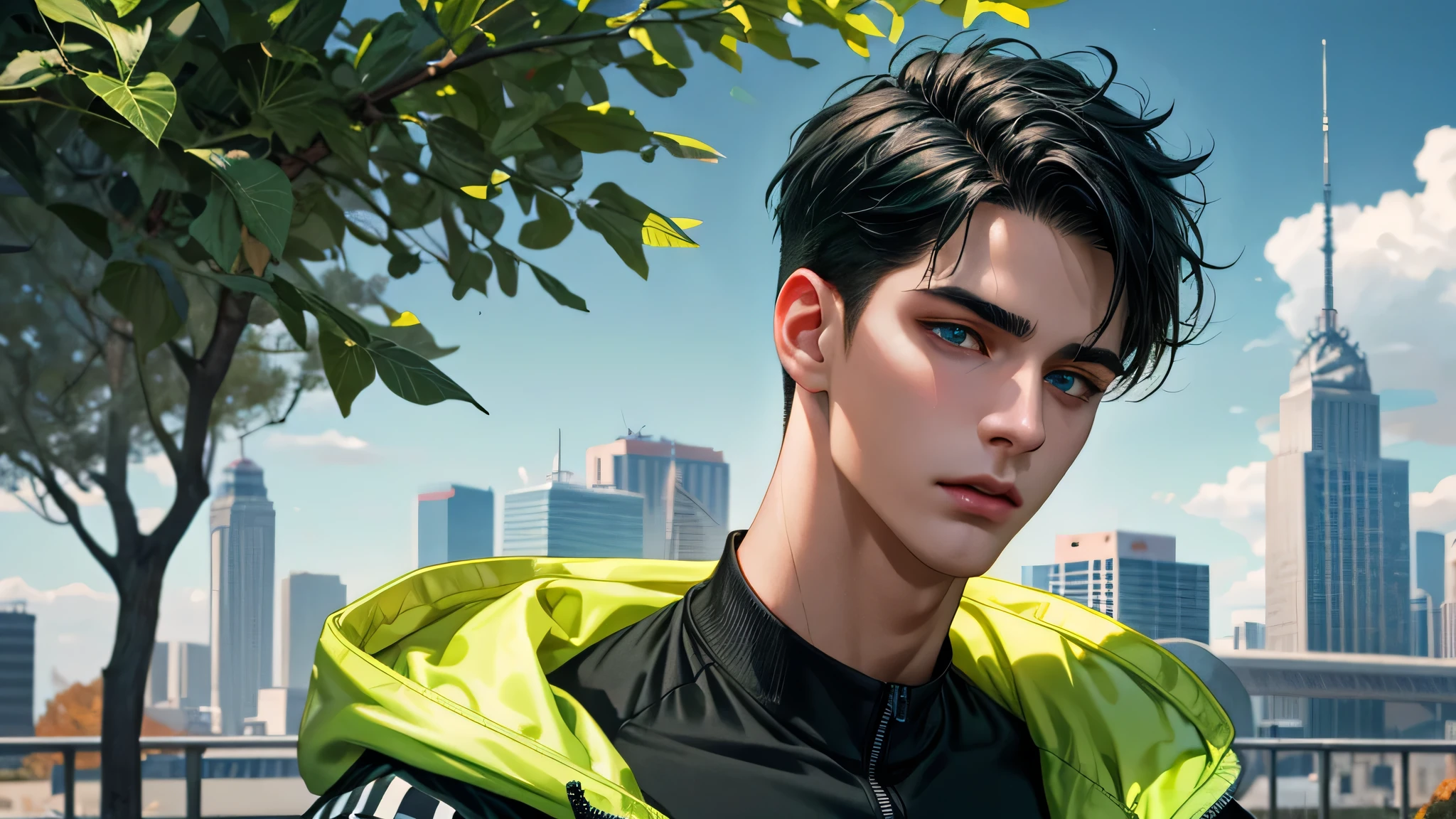 Ultra HD, high definition, Handsome young man, Grayish black hair, short hair, blue eyes, ombros largos, masterpiece, Absurd, Beautiful and detailed face, with dark green long sleeve adidas jacket, Sunny daytime environment,  autumn