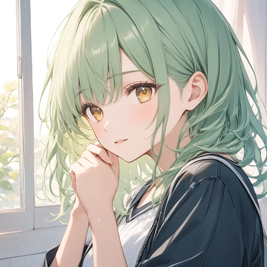 One woman,Pastel colors,Green Hair,Yellow Eyes,A touching scene