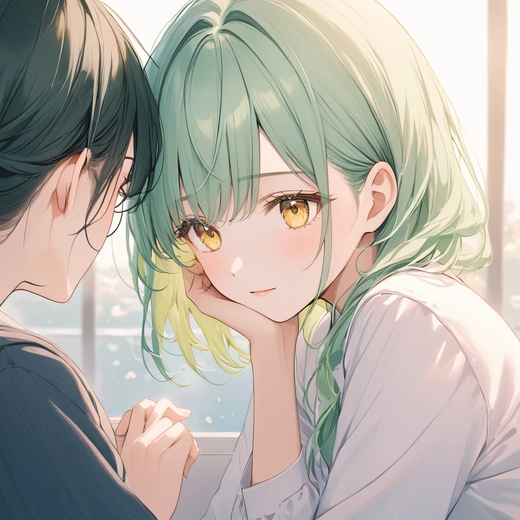 One woman,Pastel colors,Green Hair,Yellow Eyes,A touching scene