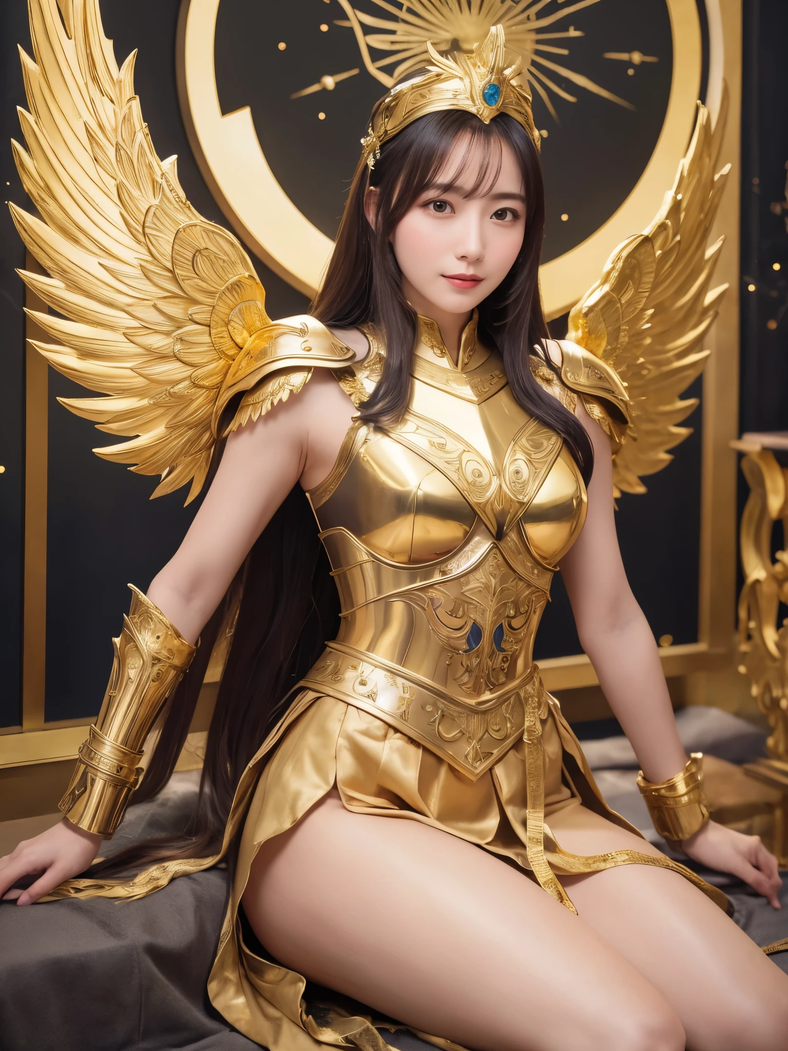 Miss Saori（Athena）The image is full of majesty and holiness。She has long smooth purple hair，The helmet she wears is characterized by a central half-moon decorative edge with exquisite golden carvings. The silver metal surface of the helmet is as smooth as a mirror. The slightly extended curves on both sides are elegant and full of power.,The forehead of the helmet is engraved with delicate ancient Greek-style totems. The gold-plated details on the edges sparkle in the light and fit perfectly with the overall armor.。She wears mainly silver armor with purple and gold decorations，胸甲刻有Athena的神聖圖騰，The long skirt is white and has gold embroidery on the edge.，Leg armor integrated with silver boots，The overall armor is beautifully designed。 She holds a golden scepter. The top of the scepter is a crescent-shaped symbol inlaid with luminous gems, symbolizing divine power.。The round shield is mainly silver, with a star pattern engraved in the center and geometric patterns and moon symbols around it to represent the power of protection.。The huge golden wings spread out behind her and the inner feathers have a purple gradient, symbolizing wisdom and holiness.。 She stands in front of the background of the Zodiac in Saint Seiya，Surrounded by tall golden pillars and mysterious horoscope symbols，The entire scene is shrouded in soft golden light，light from her wings、Reflected on scepter and shield，Highlight her holiness and majesty。
