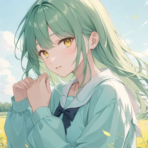 one woman,pastel,green hair,yellow eyes,a touching scene