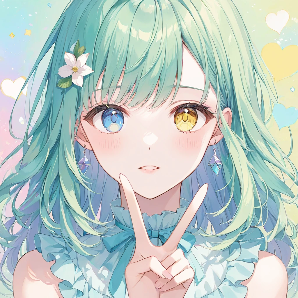 One woman,pastel,Green Hair,Heterochromia iridis,((Yellow Eyes))blue eyes,Peace sign,A touching scene