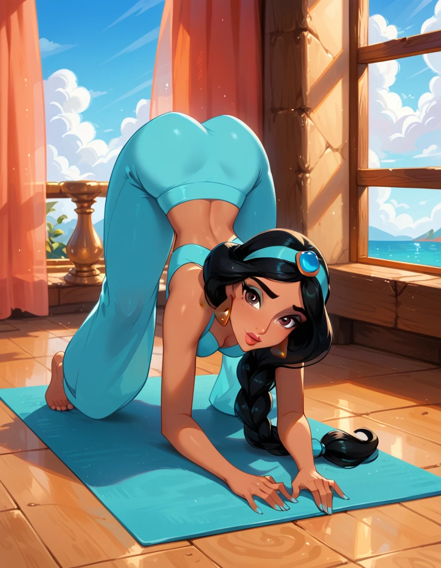 score_9, score_8_up, score_7_up, rating_questionable, epiCPhoto, 1girl, very sexy (Disney's Jasmine, ja_n, arabian woman, brown skin, black hair, brown eyes, thick braid, turquoise headband with sapphire, barefoot:1.1), beautiful waifu, yogapants, sky blue yoga pants, in gym, on yoga mat, long legs, thicc, solo, cute, flirt, gaze, sexy look, half-closed eyes, head tilt, filled lips, thick lips, makeup, modelling shoot, sexy pose, face down ass up pose.