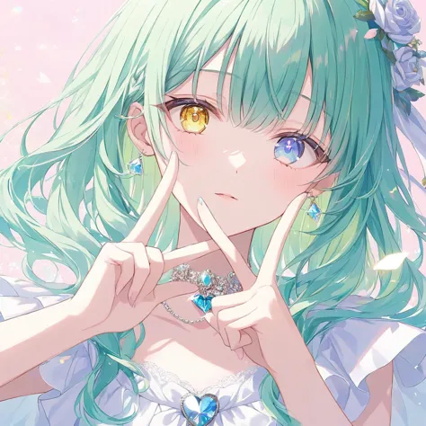 one woman,pastel,green hair,heterochromia iridis,((yellow eyes))blue eyes,shining eyes,like a jewel,peace sign,a touching scene