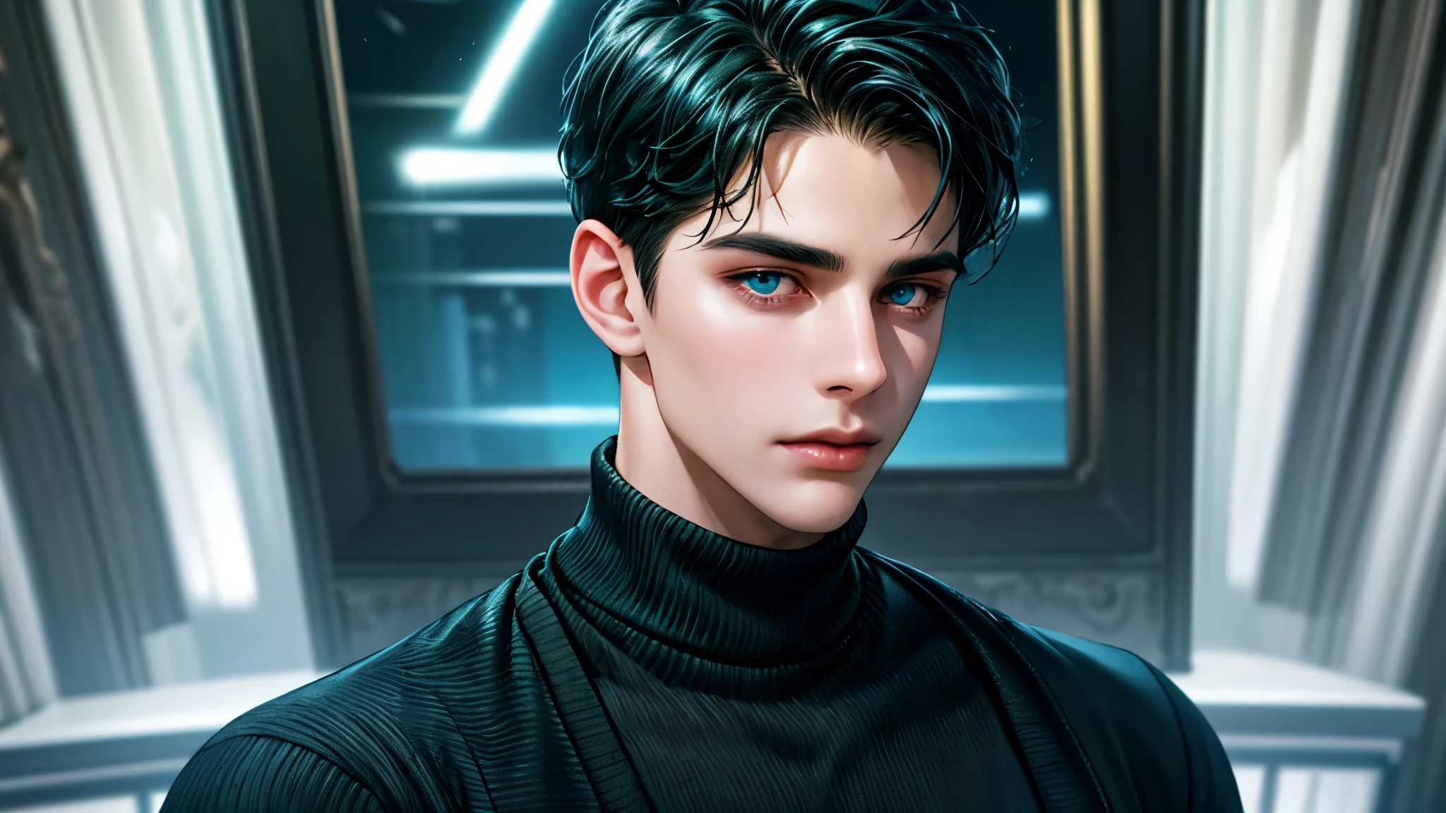 Handsome young man, black hair short hair, blue eyes, ombros largos, masterpiece, Absurd, Beautiful and detailed face, looking lovingly at the viewer, with dark green long sleeved sweater, Night atmosphere with blue lights, a dark room