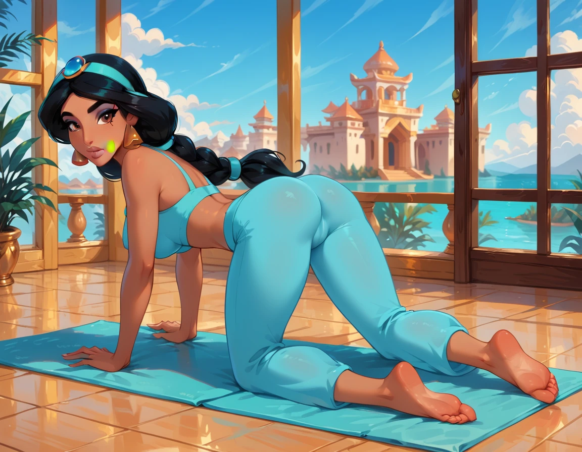 score_9, score_8_up, score_7_up, rating_questionable, epiCPhoto, 1girl, very sexy (Disney's Jasmine, ja_n, arabian woman, brown skin, black hair, brown eyes, thick braid, turquoise headband with sapphire, barefoot:1.1), beautiful waifu, yogapants, sky blue yoga pants, in gym, on yoga mat, long legs, thicc, solo, cute, flirt, gaze, sexy look, half-closed eyes, head tilt, filled lips, thick lips, makeup, modelling shoot, sexy pose, face down ass up pose, cameltoe.