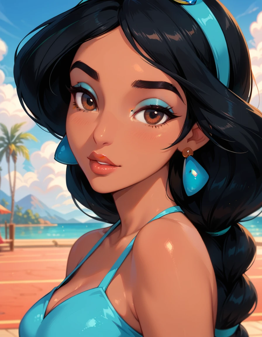 score_9, score_8_up, score_7_up, rating_questionable, epiCPhoto, 1girl, very sexy (Disney's Jasmine, ja_n, arabian woman, brown skin, black hair, brown eyes, thick braid, turquoise headband with sapphire:1.1), beautiful waifu, sky blue crop top, in gym, thicc, solo, cute, flirt, gaze, sexy look, half-closed eyes, head tilt, filled lips, thick lips, makeup, modelling shoot, sexy pose, face portrait, close-up.