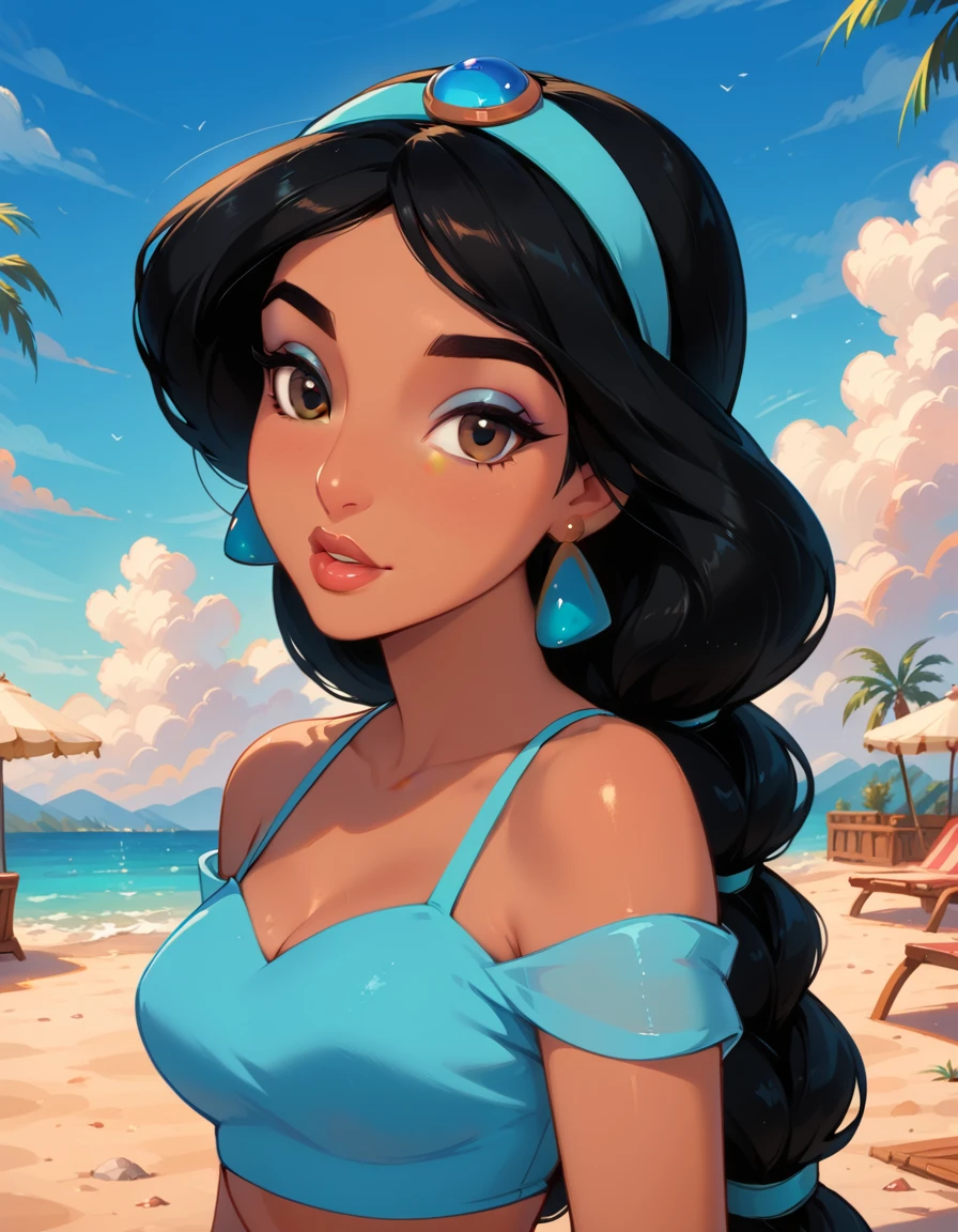 score_9, score_8_up, score_7_up, rating_questionable, epiCPhoto, 1girl, very sexy (Disney's Jasmine, ja_n, arabian woman, brown skin, black hair, brown eyes, thick braid, turquoise headband with sapphire:1.1), beautiful waifu, sky blue crop top, in gym, thicc, solo, cute, flirt, gaze, sexy look, half-closed eyes, head tilt, filled lips, thick lips, makeup, modelling shoot, sexy pose, face portrait, close-up.