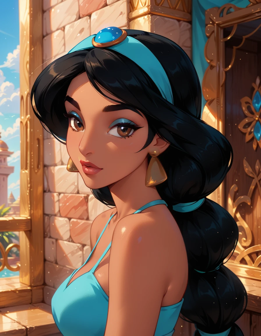 score_9, score_8_up, score_7_up, rating_questionable, epiCPhoto, 1girl, very sexy (Disney's Jasmine, ja_n, arabian woman, brown skin, black hair, brown eyes, thick braid, turquoise headband with sapphire:1.1), beautiful waifu, sky blue crop top, in gym, thicc, solo, cute, flirt, gaze, sexy look, half-closed eyes, head tilt, filled lips, thick lips, makeup, modelling shoot, sexy pose, face portrait, close-up.