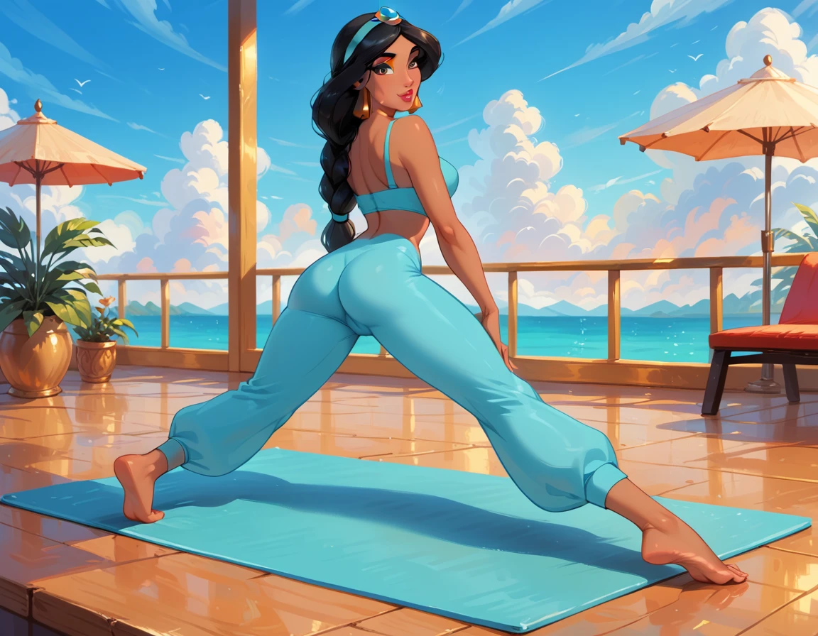 score_9, score_8_up, score_7_up, rating_questionable, epiCPhoto, 1girl, very sexy (Disney's Jasmine, ja_n, arabian woman, brown skin, black hair, brown eyes, thick braid, turquoise headband with sapphire, barefoot:1.1), beautiful waifu, yogapants, sky blue yoga pants, in gym, on yoga mat, long legs, thicc, solo, cute, flirt, gaze, sexy look, half-closed eyes, head tilt, filled lips, thick lips, makeup, modelling shoot, sexy pose, rear view, cameltoe.