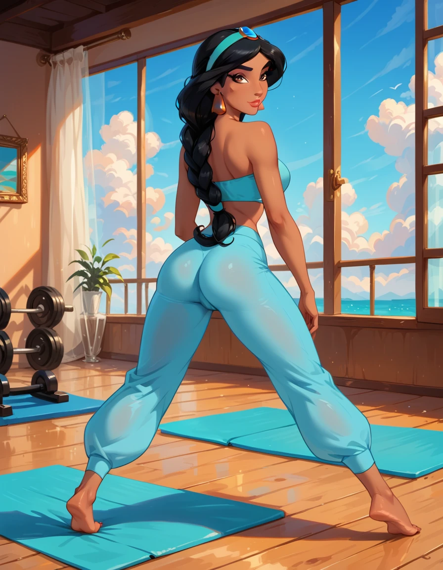 score_9, score_8_up, score_7_up, rating_questionable, epiCPhoto, 1girl, very sexy (Disney's Jasmine, ja_n, arabian woman, brown skin, black hair, brown eyes, thick braid, turquoise headband with sapphire, barefoot:1.1), beautiful waifu, yogapants, sky blue yoga pants, in gym, on yoga mat, long legs, thicc, solo, cute, flirt, gaze, sexy look, half-closed eyes, head tilt, filled lips, thick lips, makeup, modelling shoot, sexy pose, rear view, cameltoe.