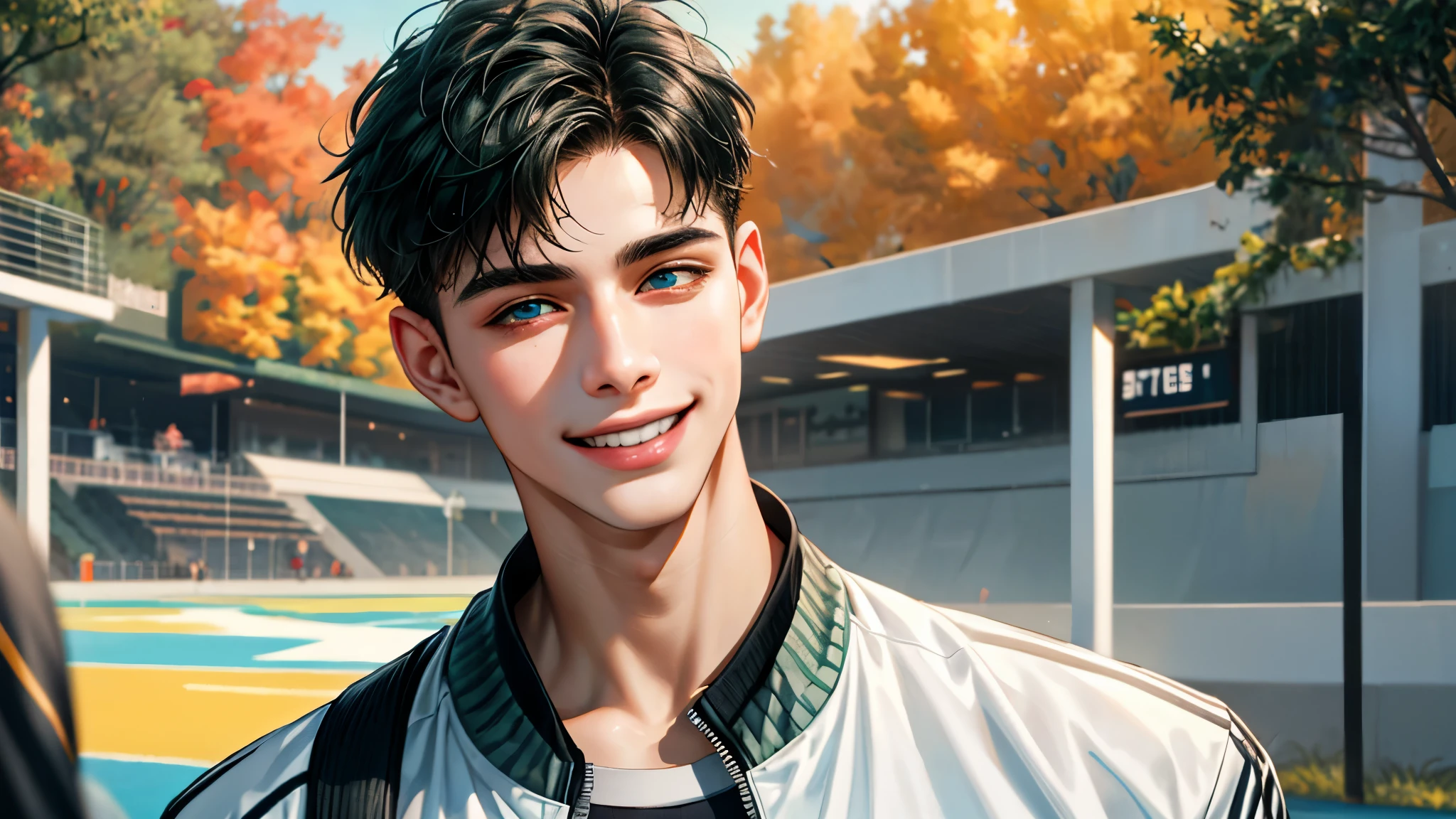 Ultra HD, high definition, Handsome young man, Grayish black hair, short hair, blue eyes, ombros largos, masterpiece, Absurd, Beautiful and detailed face, with dark green long sleeve adidas jacket, Sunny daytime environment, autumn, Football field, smiling lovingly at the viewer