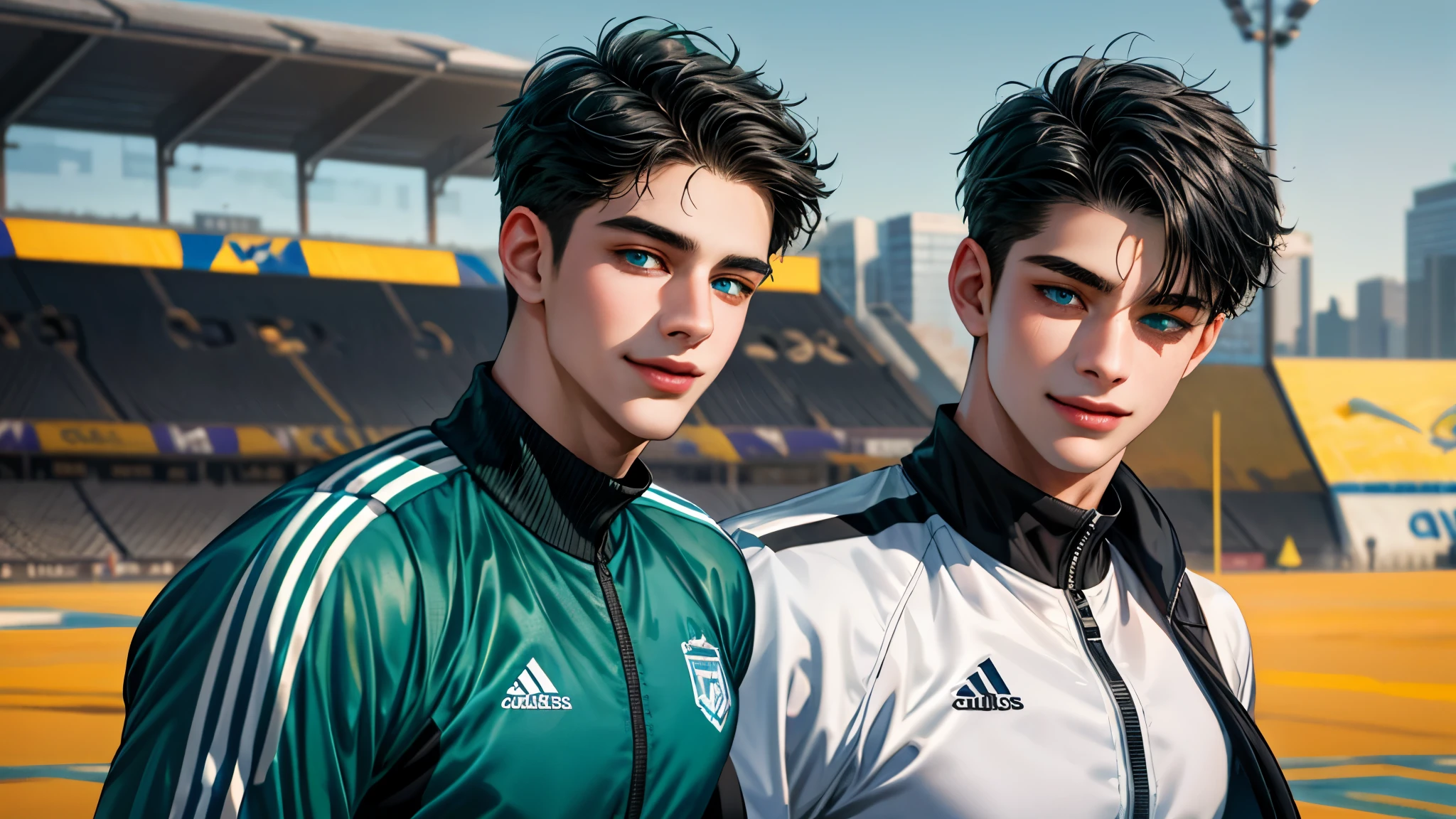 Ultra HD, high definition, Handsome young man, Grayish black hair, short hair, blue eyes, ombros largos, masterpiece, Absurd, Beautiful and detailed face, with dark green long sleeve adidas jacket, Sunny daytime environment, autumn, Football field, smiling lovingly at the viewer