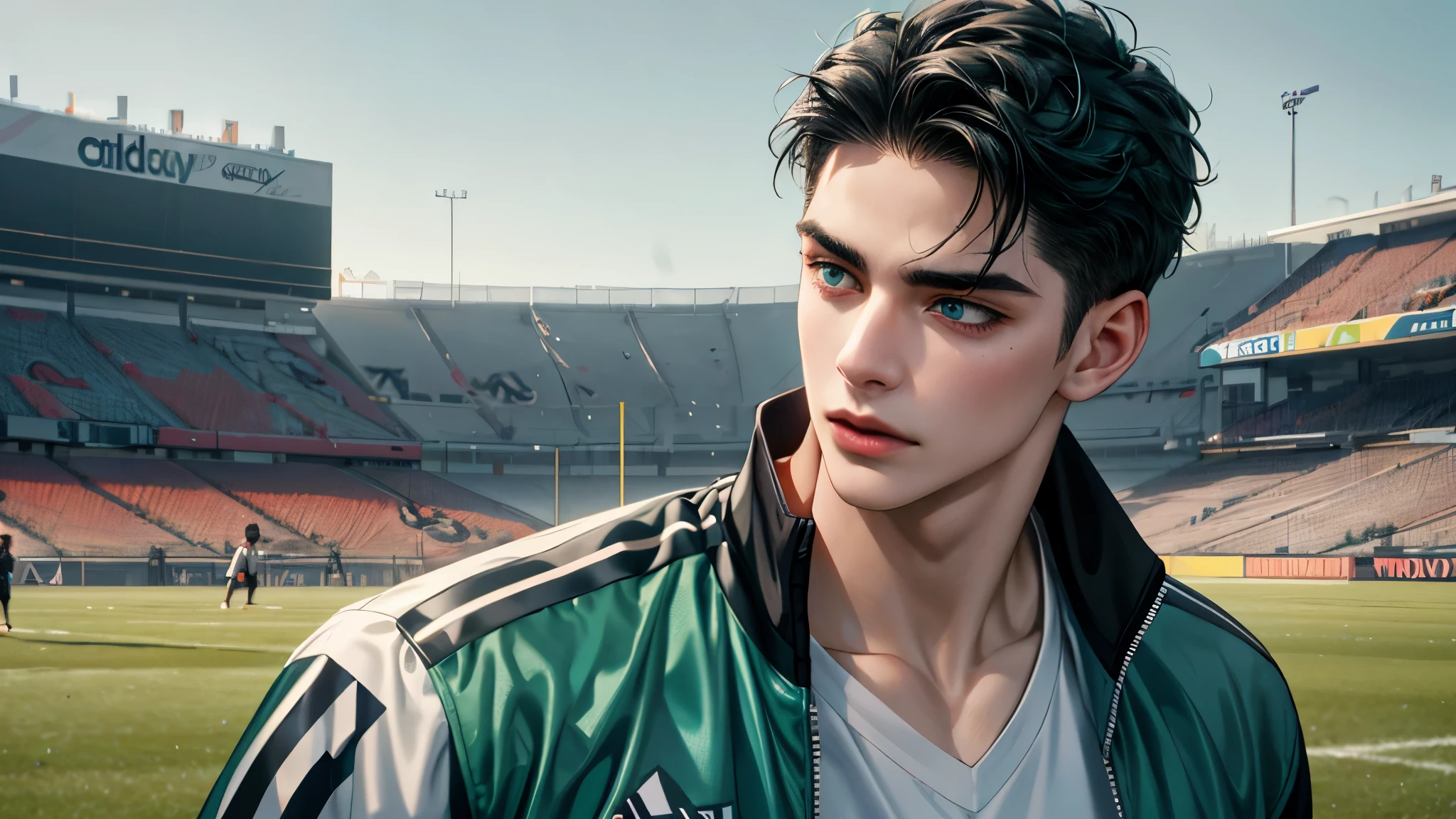 Ultra HD, high definition, Handsome young man, Grayish black hair, short hair, blue eyes, ombros largos, masterpiece, Absurd, Beautiful and detailed face, with dark green long sleeve adidas jacket, Sunny daytime environment, autumn, Football field, 