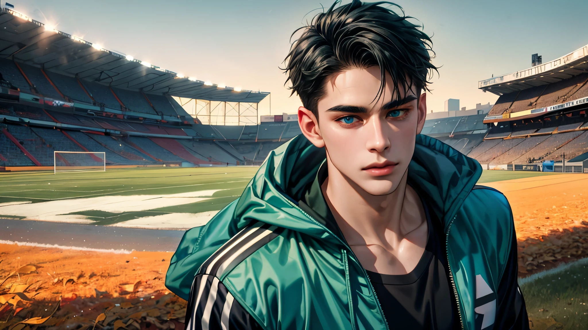 Ultra HD, high definition, Handsome young man, Grayish black hair, short hair, blue eyes, ombros largos, masterpiece, Absurd, Beautiful and detailed face, with dark green long sleeve adidas jacket, Sunny daytime environment, autumn, Football field, 