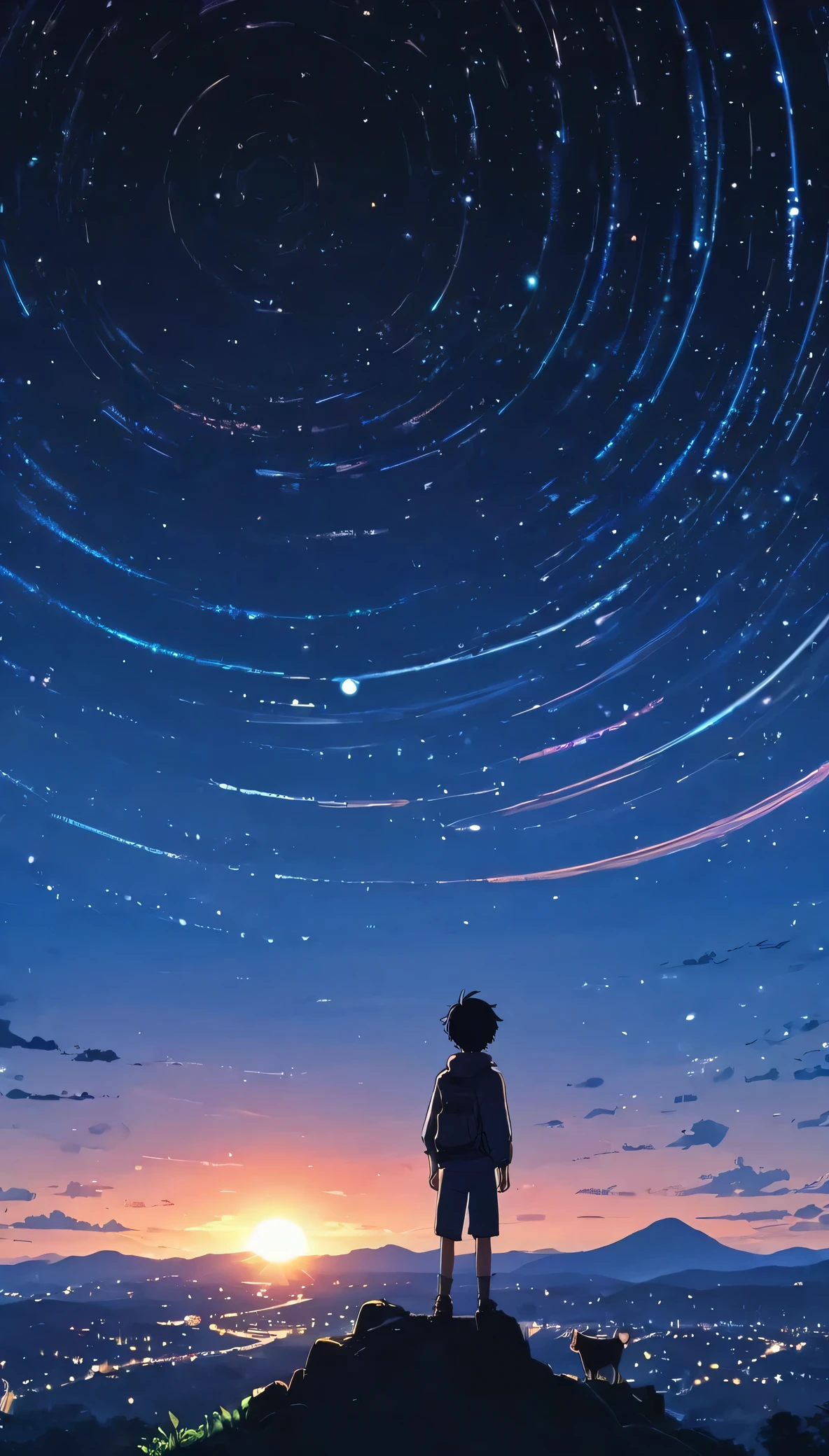 Draw a simple art in Tintinpixai style, a young boy long exposure starry sky with many circular orbits, focus at stars,silhouette Anime beautiful peace scene,  sun sunset nostalgic animated animated art background, Makoto Shinkai!!, anime movie background best of seaart hd 8k