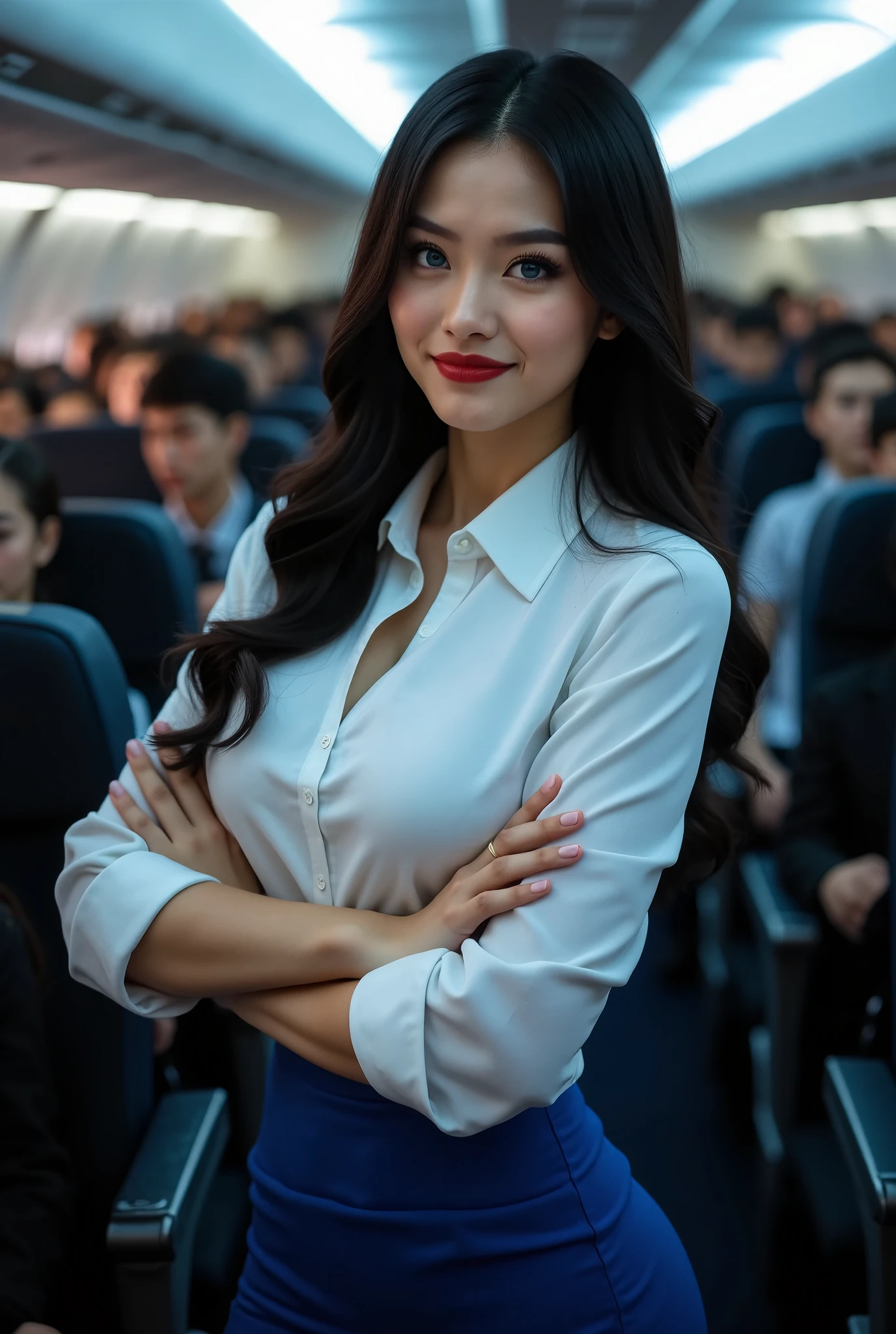 (((three quarter photograph, dim lighting, sharp focus ((((beautiful woman wearing modest white collar shirt, airline stewardess outfit, tight blue skirt))), she is smirking and flirting)), bright blue eyes, seductive, long straight glossblack hair, makeup, red lips)), side view, background inside of an airplane, standing, many passengers
