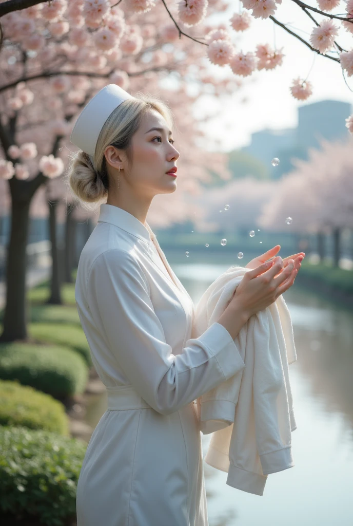 A high quality 8K Full HD photo of a military nurse,She has short white hair,Washing clothes under the cherry blossom trees by the river, There is a small amount of blood on the clothes, (Hands open with white laundry and raised to the sun,) Many big bubbles are flying, Shot from the side and below