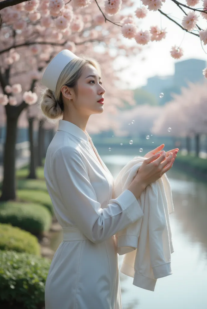 a high quality 8k full hd photo of a military nurse,she has short white hair,washing clothes under the cherry blossom trees by t...