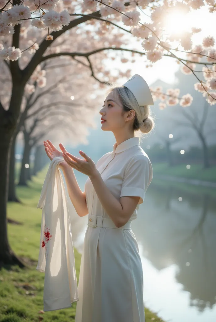 a high quality 8k full hd photo of a military nurse,she has short white hair,washing clothes under the cherry blossom trees by t...