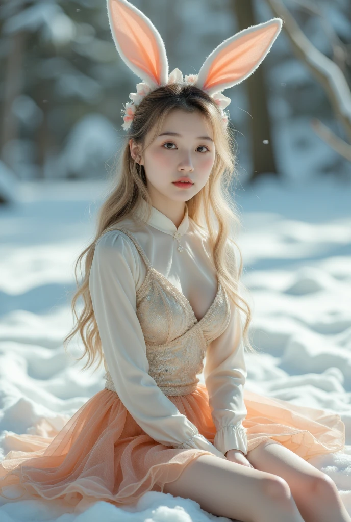 masterpiece, Best quality, Extremely detailed CG unity 8k wallpaper,((Upper body)) ,((Upper body head close-up shot of a beautiful girl)), , #1: Elegant Straight Long Blonde Hair, (Mckenna Grace), ((Flat chest,thigh,Self-luminous skin)),transparent (Orange-Green) Golden (Shiny ballet skirt,Long rabbit ears headdress, , Bow, No, Visible genitals), ((Sitting,Open your legs)),(), (blush), , (Charming smile), (Snow World), Pretty Face, Key Art, Award-winning, Intricate details realistic hdr, by (Nguyen Gia Hoa Artgerm and Range Murata), Photorealism, Hyper-Reality主义, Hyper-Reality, Dramatic lighting, Strong shadows, Beautiful Views, Depth of Field