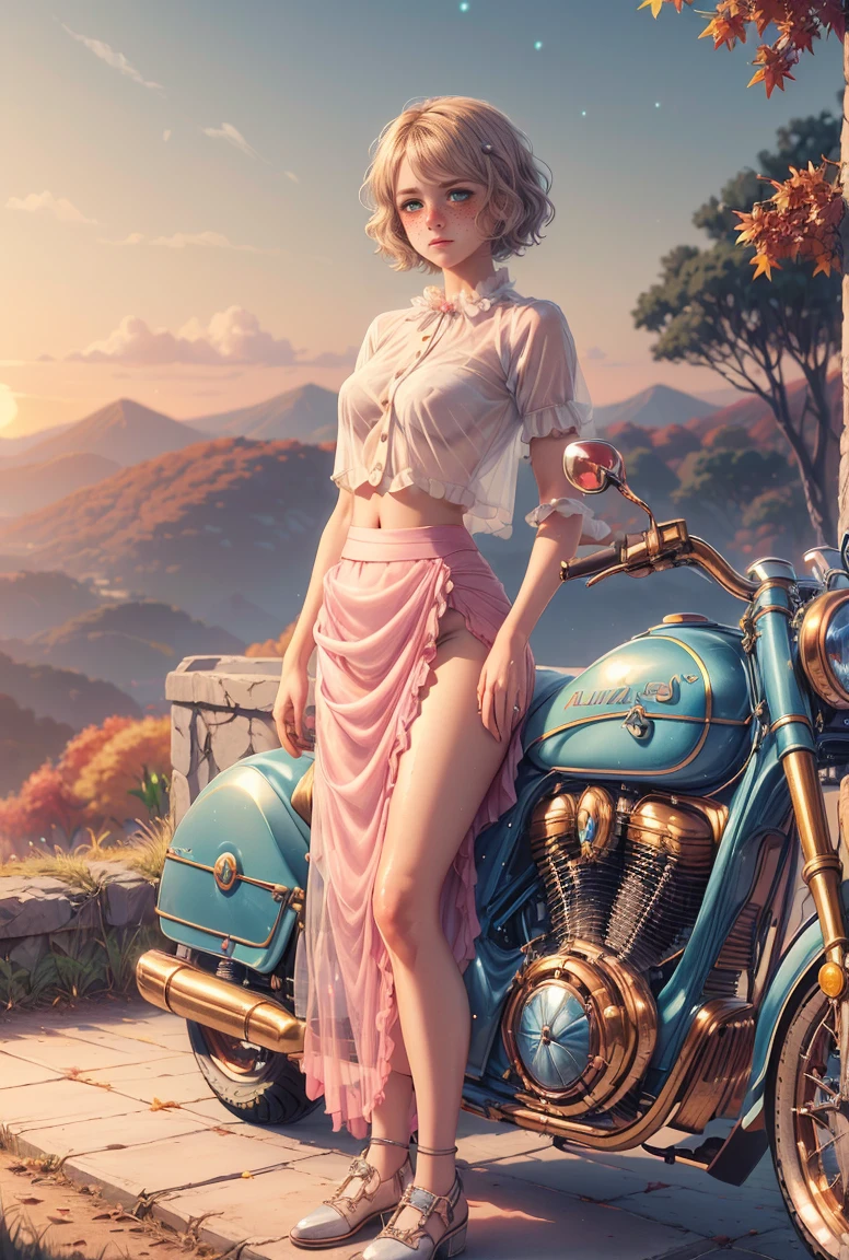 (((realistic))), (a girl stand front a vintage motocycle:1.79), girl focus, ((see through white frilly shirt:1.3), (full shot), (pink maxi satin skirt:1.3), nudity, (sweaty)), (flashing panty:1.2), 2, (beautiful puffy clouds, sunset sky), (dusk, lush autumn hillside pandora world background:1.5), (, slim, thin body, puffy nipple:1.3), (photography, realistic, bokeh, blur), ((wavy short bob cut)), (cenimatic lights, soft lights:1.3)