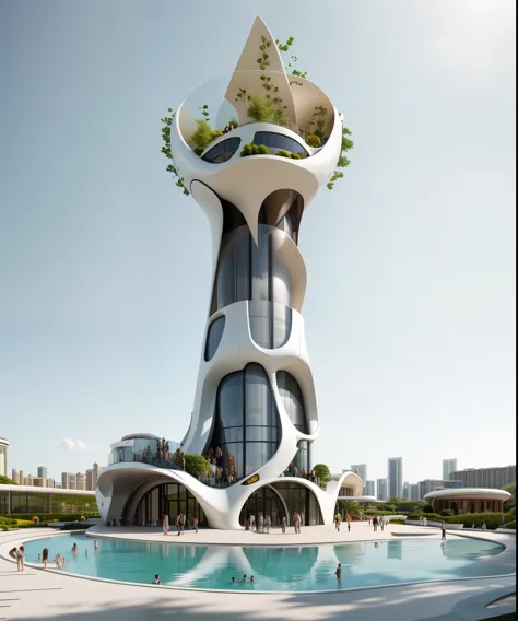 realistic skyscraper by Zaha Hadid, realistic,  people on floors, bright day, gardens, pools