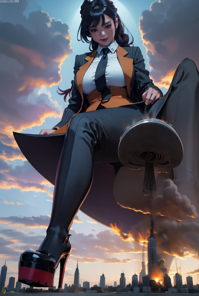 Giantess art, giga giantess in distance, a group of multiple women with beautiful curves, massive thighs, bright ginger hair in a fishtail braid, lipstick, wearing a perfect grey pinstriped trouser and blazer suit, crisp white shirt, and a large purple tie, tied in a windsor knot, with massive breasts. She is wearing black platform high heels and standing on a miniature city, with skyscrapers at her feet, smiling with her huge breasts. This image is highly detailed, photorealistic, best quality, a masterpiece, with cinematic lighting, ultra-detailed, featuring black patent Louboutin pumps, long ponytail hair with front bangs, low altitude photography, a curvy figure, heaving bosom, legs, a mega city, skyscrapers sprawl, destruction at feet, fires, arm, buildings, roads, a cloudy, overcast, hazy atmosphere, and wispy clouds. 