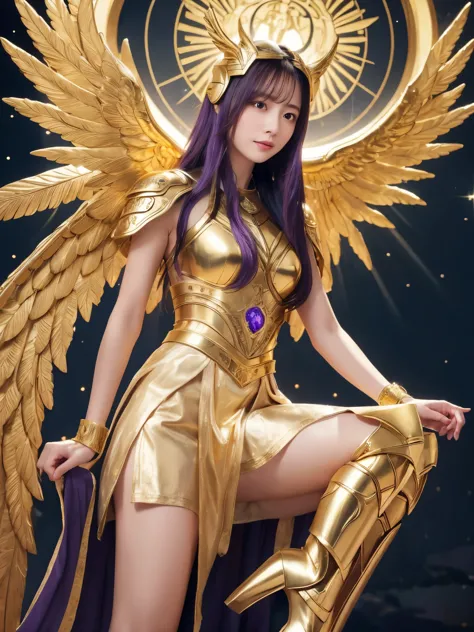 miss saori（athena）the image is full of majesty and holiness。she has long smooth purple hair，the helmet she wears is characterize...