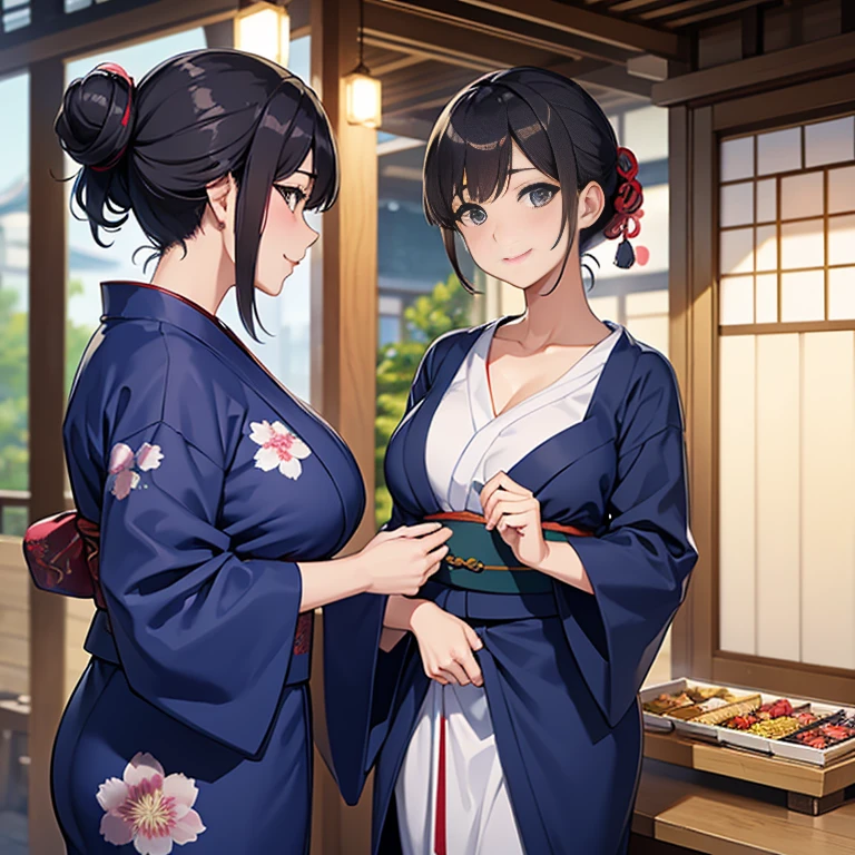 One Japanese woman、50 years old、Gorgeous and sensual mature woman、Large Breasts、Brunette, Hair tied back、Sexy smile、Wearing a navy blue yukata、Enjoy the summer festival、stall、