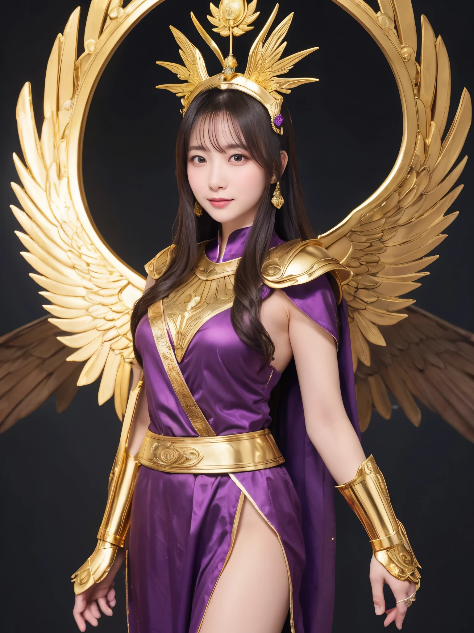 Miss Saori（Athena）The image is full of majesty and holiness。She has long smooth purple hair，The helmet she wears is characterized by the central half-moon decorative edge with exquisite golden carvings. The silver metal surface of the helmet is as smooth as a mirror. The slightly extended curves on both sides are elegant and full of power.,The forehead of the helmet is engraved with delicate ancient Greek-style totems. The gold-plated details on the edges sparkle in the light and fit perfectly with the overall armor.。She wears mainly silver armor with purple and gold decorations，胸甲刻有Athena的神聖圖騰，The long skirt is white and has gold embroidery on the edge.，Leg armor integrated with silver boots，The overall armor is beautifully designed。 She holds a golden scepter,The top of the scepter is a crescent-shaped symbol inlaid with luminous gems.。The round shield is mainly silver, with a star pattern engraved in the center and geometric patterns and moon symbols around it to represent the power of protection.。The huge golden wings spread out behind her and the inner feathers have a purple gradient, symbolizing wisdom and holiness.。 She stands in front of the background of the Zodiac in Saint Seiya，Surrounded by tall golden pillars and mysterious horoscope symbols，The entire scene is shrouded in soft golden light，light from her wings、Reflected on scepter and shield，Highlight her holiness and majesty。
