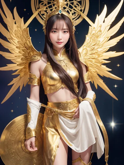 miss saori（athena）the image is full of majesty and holiness。she has long smooth purple hair，the helmet she wears is characterize...