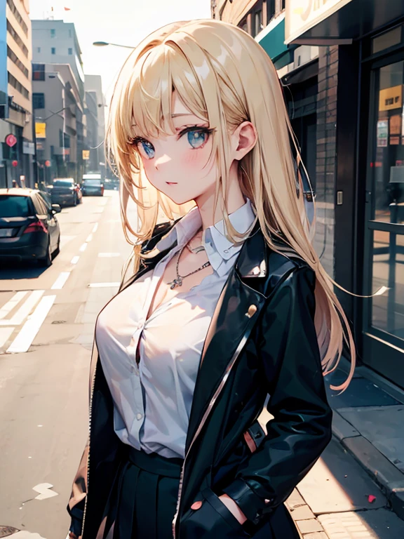 masterpiece, Best Quality, High resolution,Alone, Accurate human body、彼女はblackいタンクトップを着ています,Correct 5 fingers,Anime Girls、Long Hair,Blonde,Urban area,Woman walking on the sidewalk,  1 girl,open chest jacket, Open V-chest clothing, blackいトップスを着て白いハンドバッグを持っている女性,blackのキャミソールのアウトフィットを着用, Large Breasts,, open jacket, Cross necklace on chest, black, Simple style, Wear a cardigan, Good strap, blackのクロップドタンクトップを着用, ( Ivory Black ), Uniform soft illumination, Shadows are minimal, Quiet and tranquil atmosphere, Front View, Shallow depth of field, Well-balanced exposure