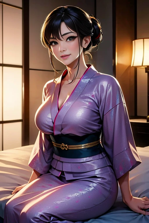 One Japanese woman、50 years old、Gorgeous and sensual mature woman、Large Breasts、Brunette, Hair tied back、Sexy smile、Wearing a yukata、background:Highly detailed and realistic luxury hotel bedroom、