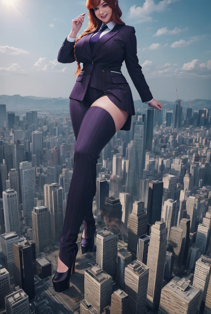 Giantess art, giga giantess in distance,  teenage schoolgirl, women with beautiful curves, massive thighs, bright ginger hair in a fishtail braid, lipstick, wearing a perfect grey pinstriped trouser and blazer suit, crisp white shirt, and a large purple tie, tied in a windsor knot, with massive breasts. She is wearing black platform high heels and standing on a miniature city, with skyscrapers at her feet, smiling with her huge breasts. This image is highly detailed, photorealistic, best quality, a masterpiece, with cinematic lighting, ultra-detailed, featuring black patent Louboutin pumps, front bangs, ground level photography looking up, a curvy figure, heaving bosom, legs, a mega city, skyscrapers sprawl, destruction at feet, fires, arm, buildings, roads, a cloudy, overcast, hazy atmosphere, and wispy clouds. 