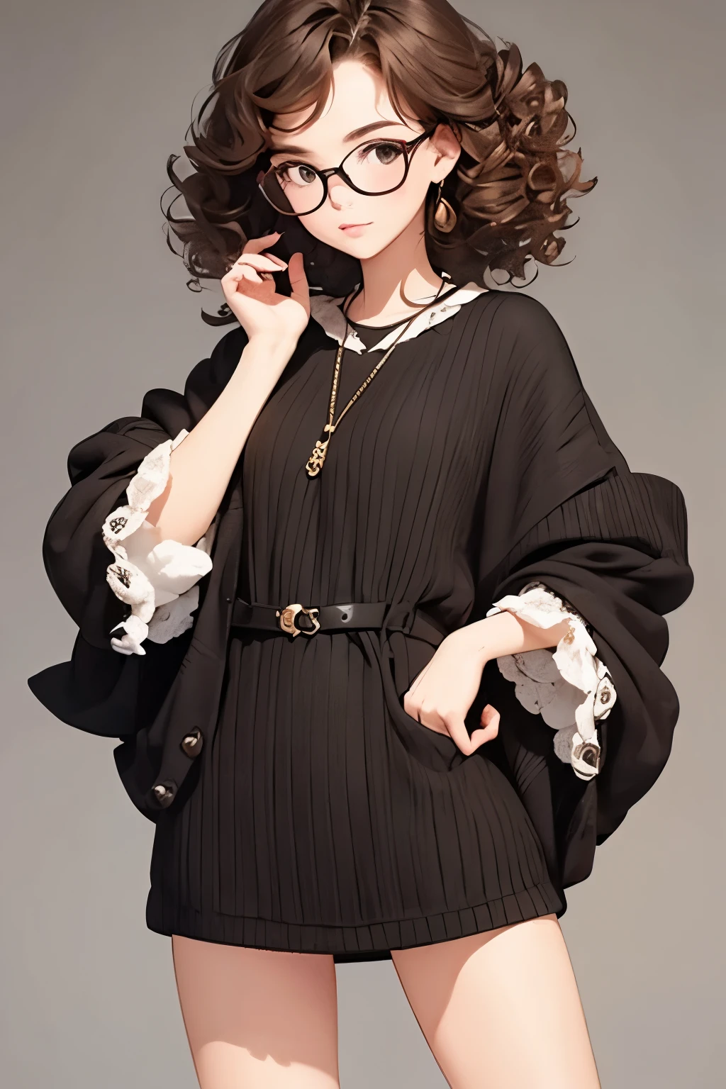 there is nothing, Best Quality, Young , pretty girl , Brunette, Curly Hair, Glasses，Bad Girl, Short dress，