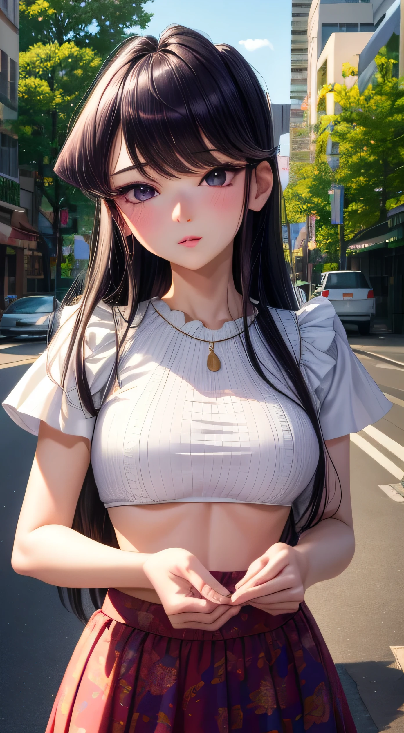 top-quality、Live Action、8k、komi shouko、lifelike、1 girl、Purple eyes、radiant eyes、large breasts、 croptop、skirt by the、Parted lips、red blush、natta、florals、suns、sunlights、Top image quality、8k、