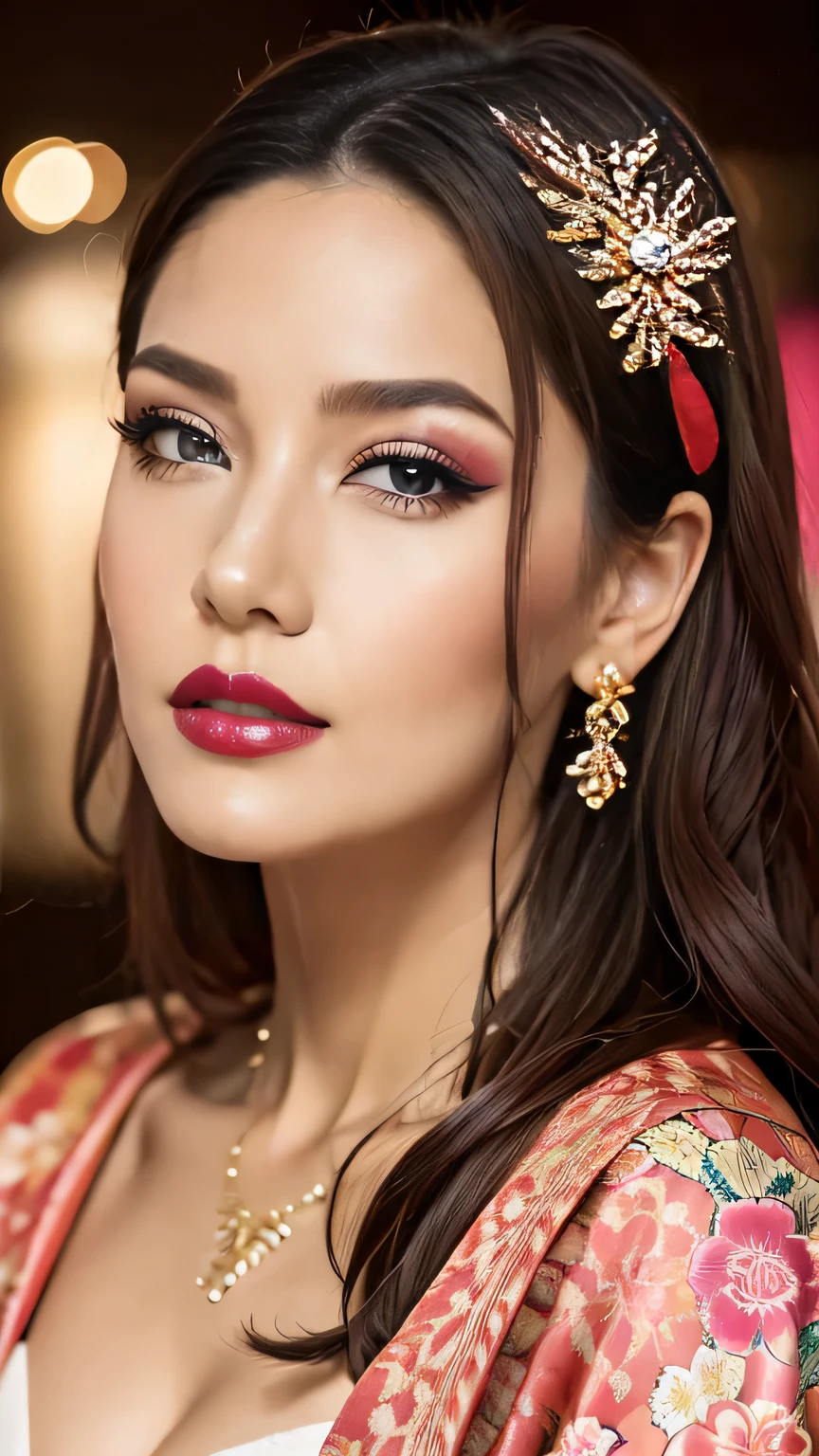 Realistic, Highest quality, 8k, woman, 40-year-old, Sakura pattern kimono, Large Bust, Long Hair, Ultra-detailed skin textures, Soft Lighting, Fairy, Bokeh, Coral Lipstick, Sensual Lipstick, Sensational Make up 