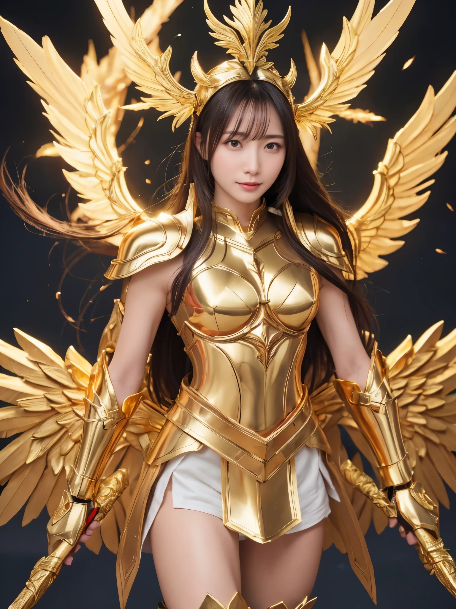 Detailed keyword description of Golden Saint Seiya：

Golden Holy Cloth：Golden saint warrior armor，Strong metallic luster，Symbolizes strength and glory。
helmet：金色helmet，There is a sharp decoration in the center of the forehead，Demonstrate majesty and protection。
Scapula：大而圓潤的Scapula，wing-like design，Enhance momentum and agility。
Breastplate：立體紋樣雕刻的Breastplate，Central prominence，Strengthen the sense of strength。
Arm guards：寬大Arm guards，Meticulous carving，Cover arms，Both protection and beauty。
Leg armor and boots：Gold leg armor and pointed boots，protect legs，Emphasis on speed and power at the same time。
wings behind：Huge golden wings，Feathers are delicately carved，Add a sense of sanctity and majesty。
