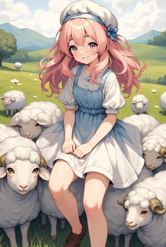 (masterpiece, Best Quality:1.2), One girl, Alone, Sheep