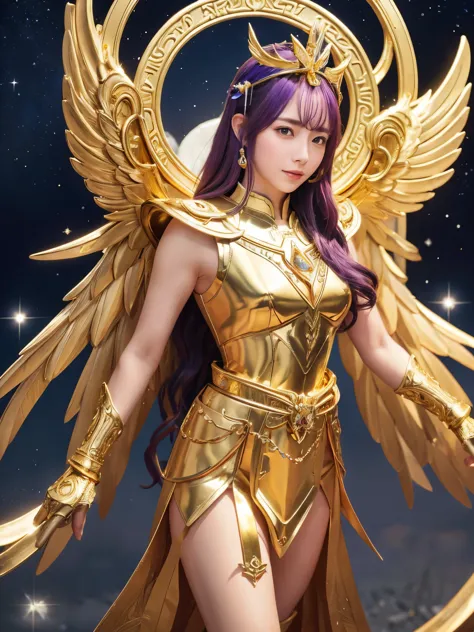 miss saori（athena）the image is full of majesty and holiness。she has long smooth purple hair，the helmet she wears is characterize...