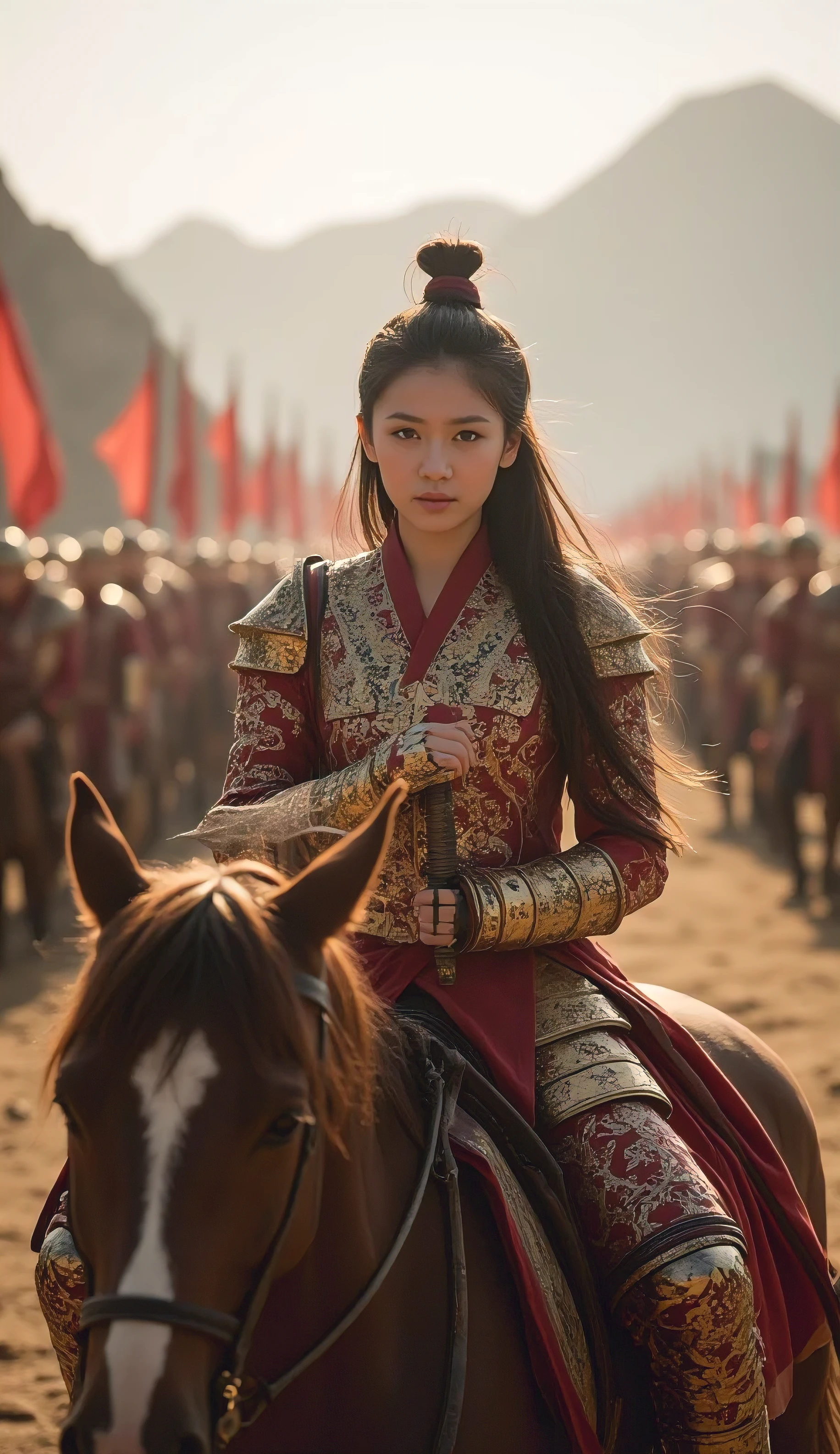 Mulan in full battle armor, leading an army into battle. Mulan is at the forefront, holding a sword in one hand and the reins of her horse in the other. Her armor is intricately detailed, inspired by traditional Chinese designs, and glimmers under the sunlight. Behind her, rows of soldiers march in unison, their banners fluttering in the wind. The background features a vast battlefield with rugged terrain and distant mountains, creating an epic, war-torn atmosphere. 4K resolution, highly detailed.