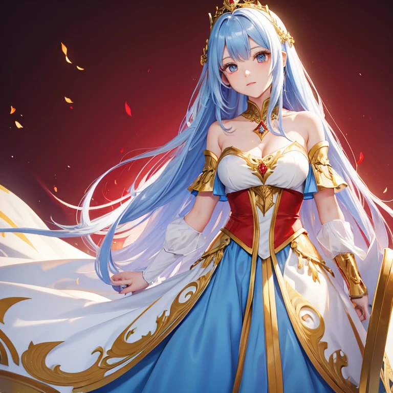  female long Blue hair red eyes . Beautiful golden fantasy princess dress off the shoulders,long white cape