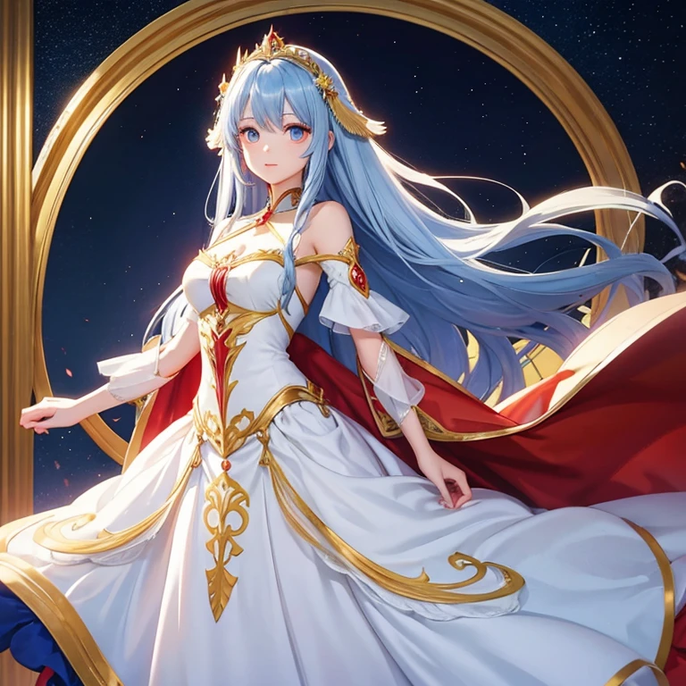  female long Blue hair red eyes . Beautiful golden fantasy princess dress off the shoulders,long white cape