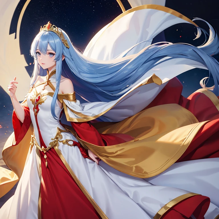  female long Blue hair red eyes . Beautiful golden fantasy princess dress off the shoulders,long white cape