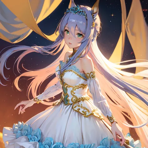 female long blue hair red eyes . beautiful golden fantasy princess dress off the shoulders,long white cape